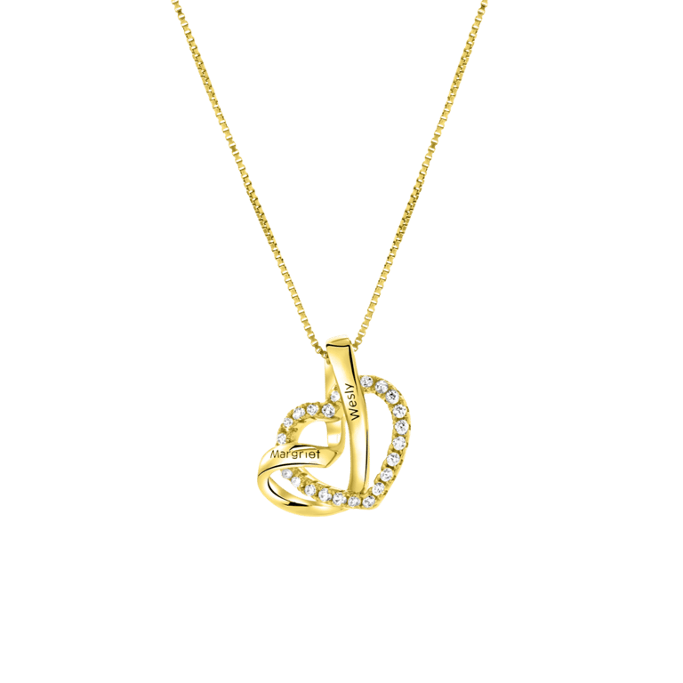 Zilveren goldplated naamketting hart met zirkonia voor dames