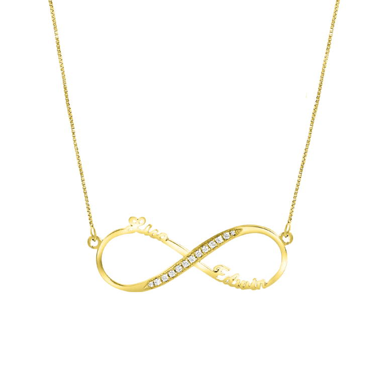 Zilveren goldplated naamketting infinity met zirkonia voor dames