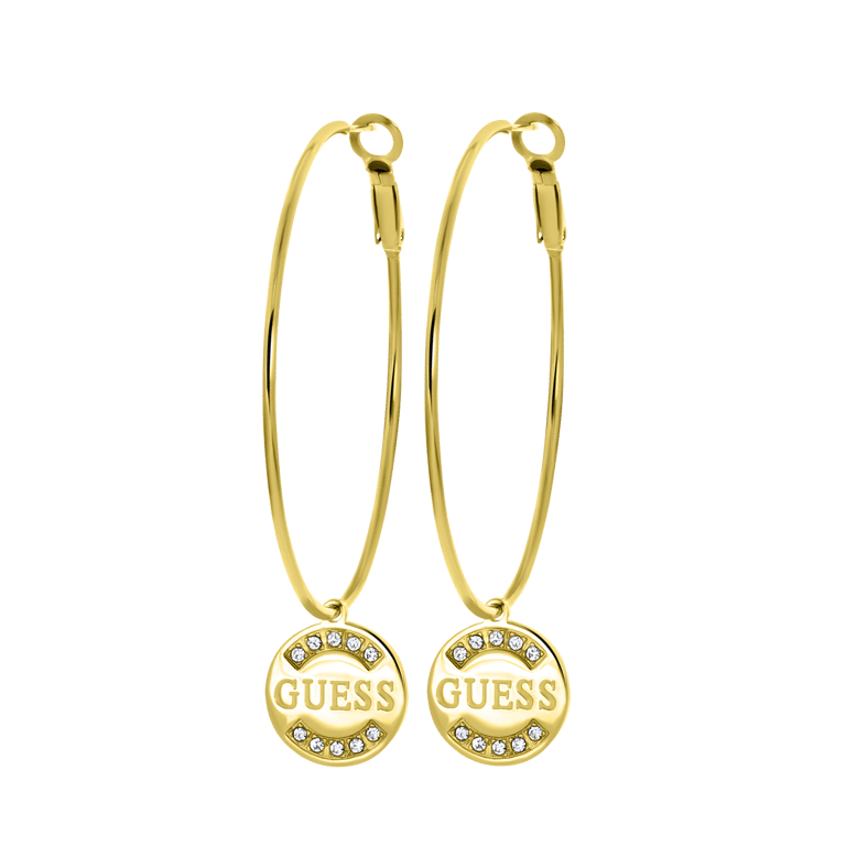 Guess stainless steel goldplated oorringen Guess logo 50mm voor dames