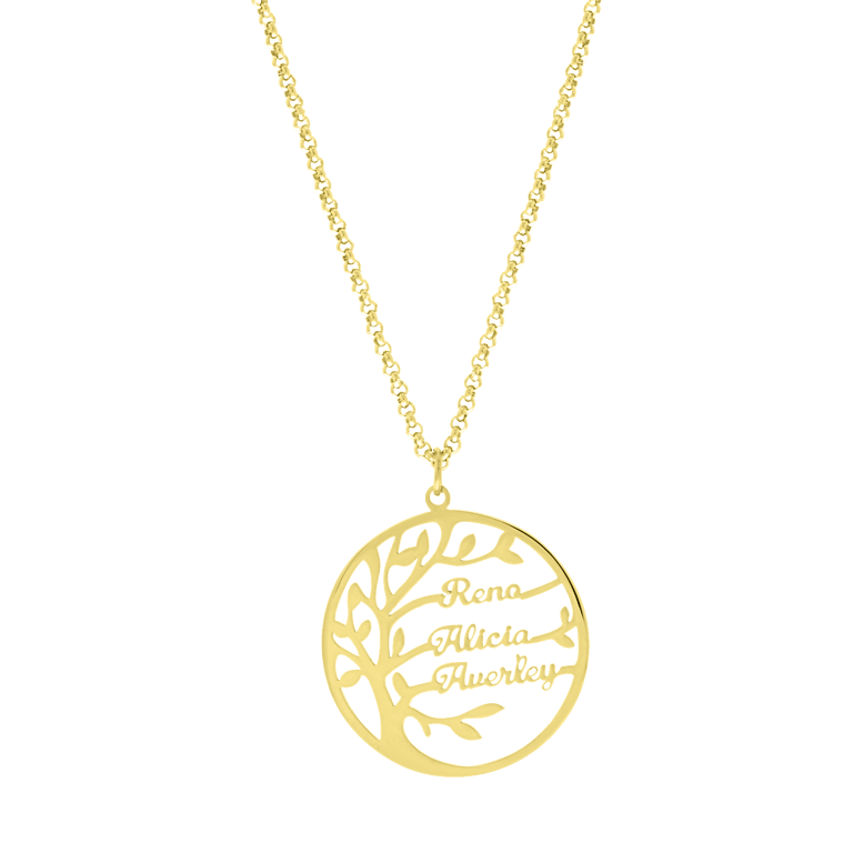 Stalen goldplated naamketting met levensboom voor dames