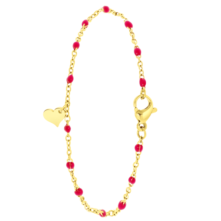Stainless steel armband gold graveer hart fuchsia emaille