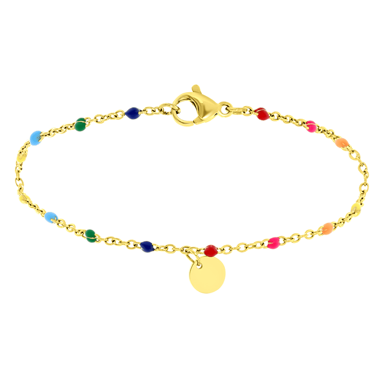 Stalen goldplated kralenarmband met graveerdisc en regenboog emaille voor dames