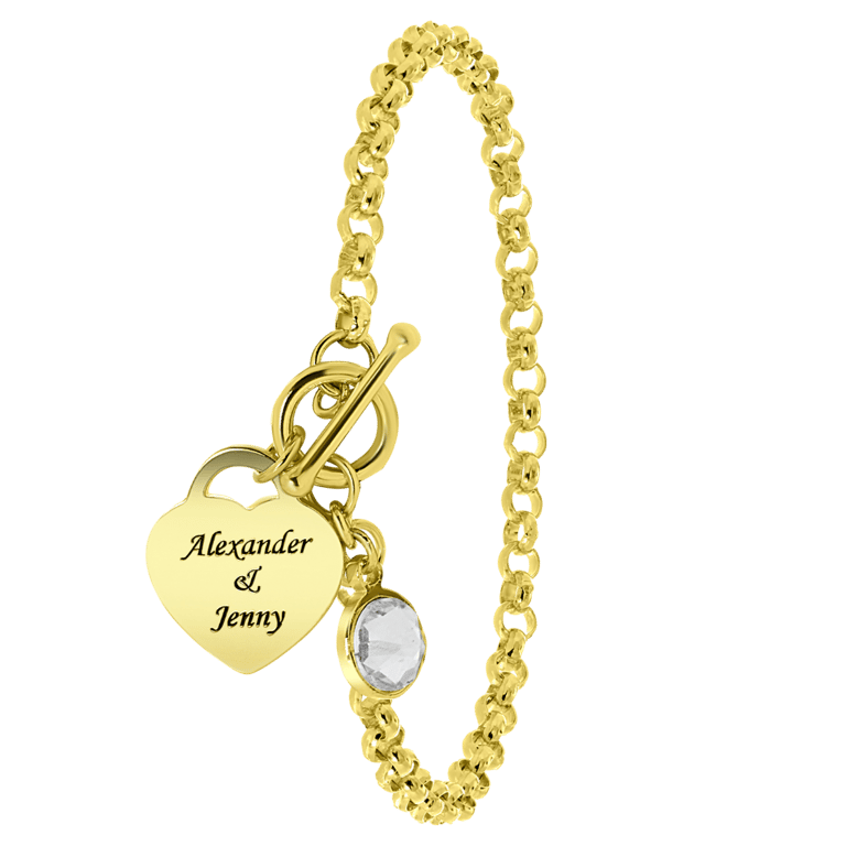 Zilveren goldplated bedelarmband hart met geboortesteen en graveerplaat voor dames