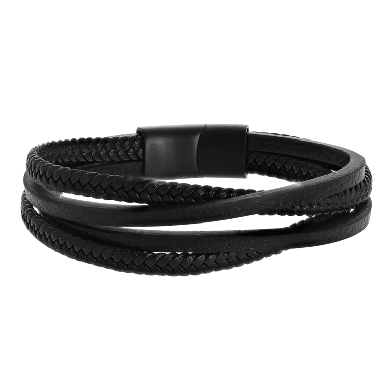 Stainless steel blackplated herenarmband gevlochten leer