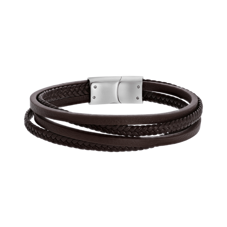 Stalen herenarmband bruin gevlochten leer