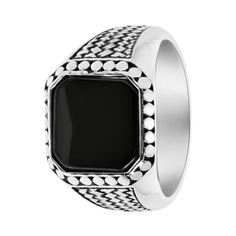 Gerecycled stainless steel heren zegelring bewerkt met black agate