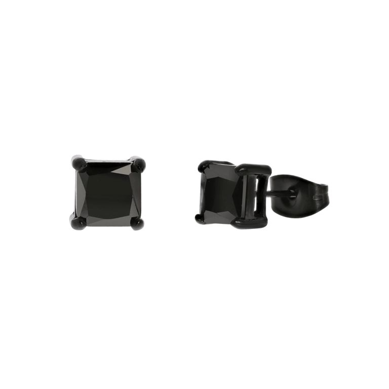 Gerecycled stainless steel zwarte oorknoppen vierkant met zirkonia 6mm voor heren