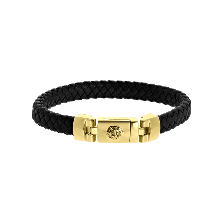 Gerecycled stalen herenarmband gold zwart leer met leeuw