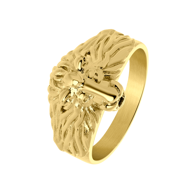 Gerecycleerd stainless steel goldplated herenring met leeuwenkop