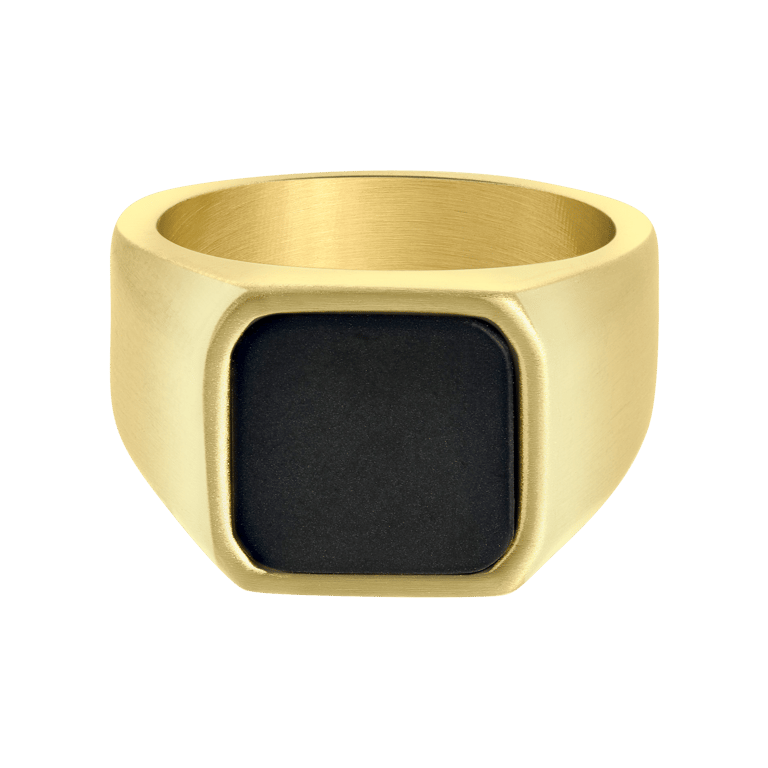 Gerecycleerd stainless steel goldplated heren zegelring met black agate