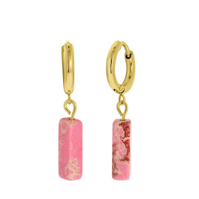 Stalen goldplated oorringen voor met hanger met pink opal dames