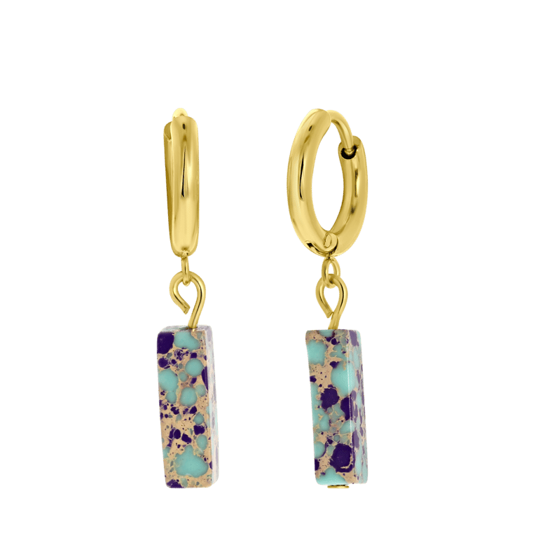 Stalen goldplated oorringen voor met hanger purple jaspis en turquoise dames