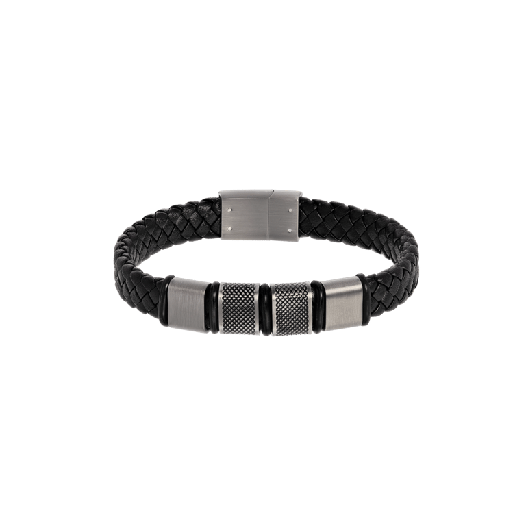 Stalen herenarmband met gevlochten zwart leer