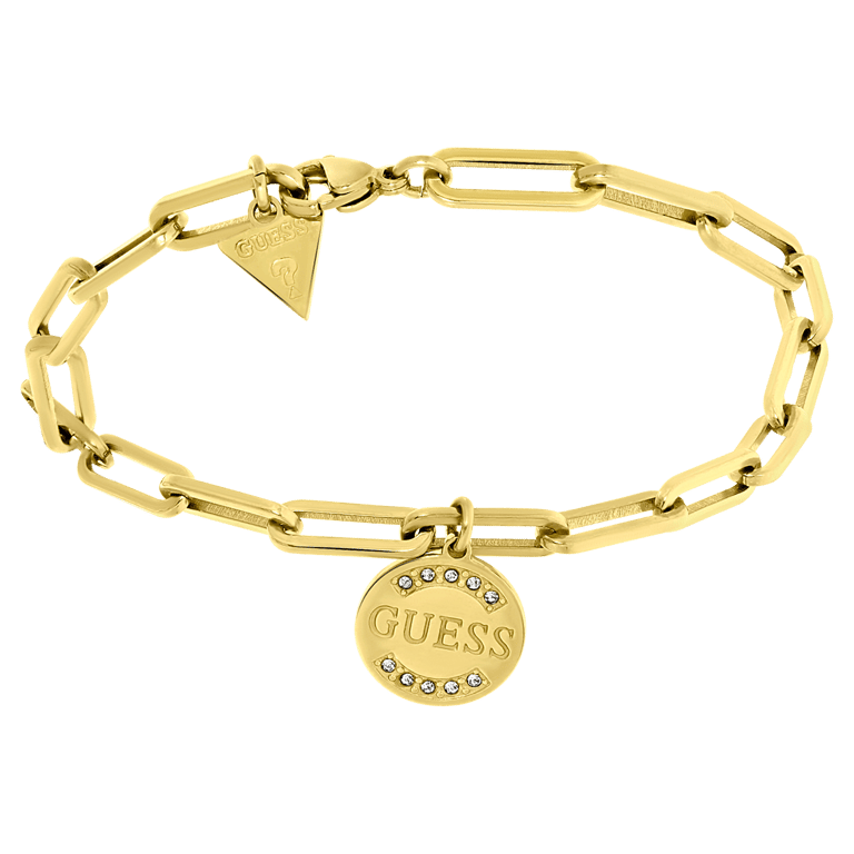 Guess stalen goldplated schakelarmband met hanger met kristal voor dames