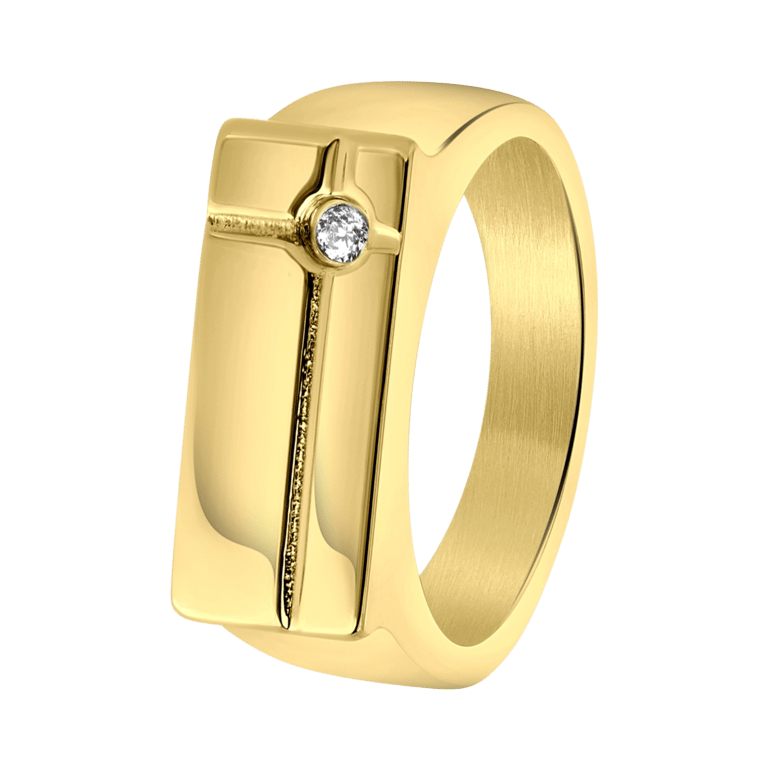 Gerecycled stalen goldplated zegelring met zirkonia