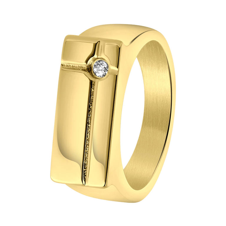Gerecycleerd stalen goldplated zegelring met zirkonia