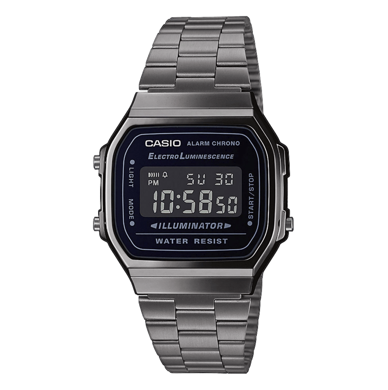 CASIO VINTAGE, schwarz, Edelstahlarmband, A168WEGG-1BEF