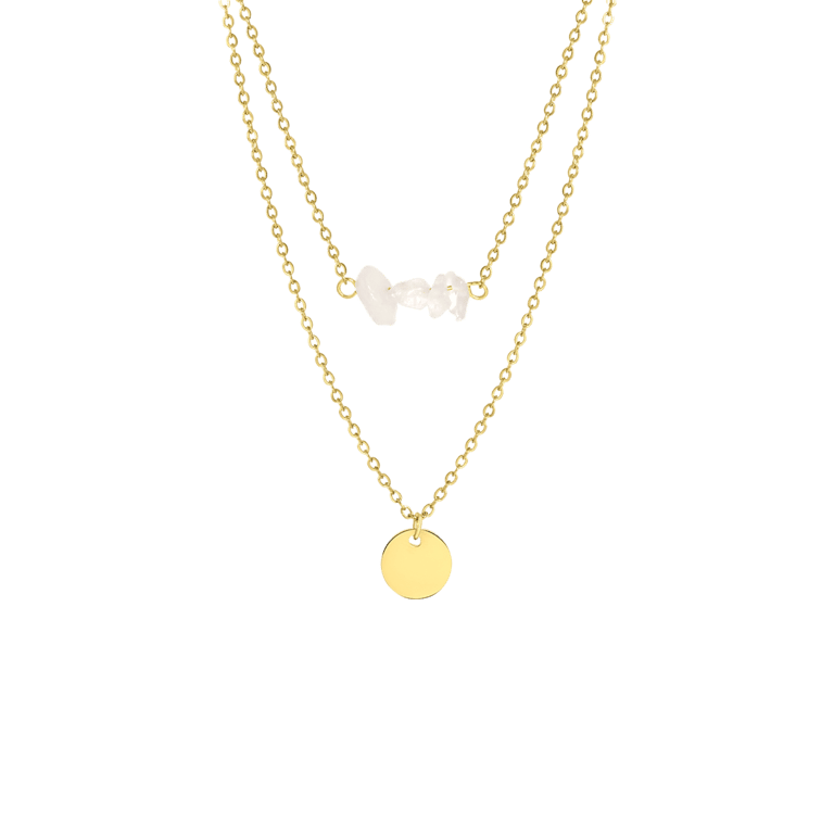 Stalen goldplated ketting met muntje en rozenkwart