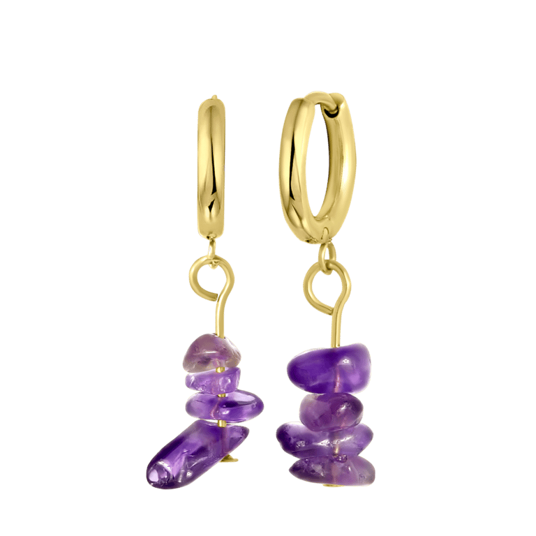 Stalen goldplated oorringen met hanger amethyst voor dames