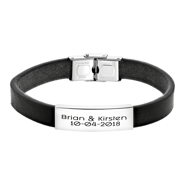 Stainless steel heren plaatarmband zwart met zwarte gravure