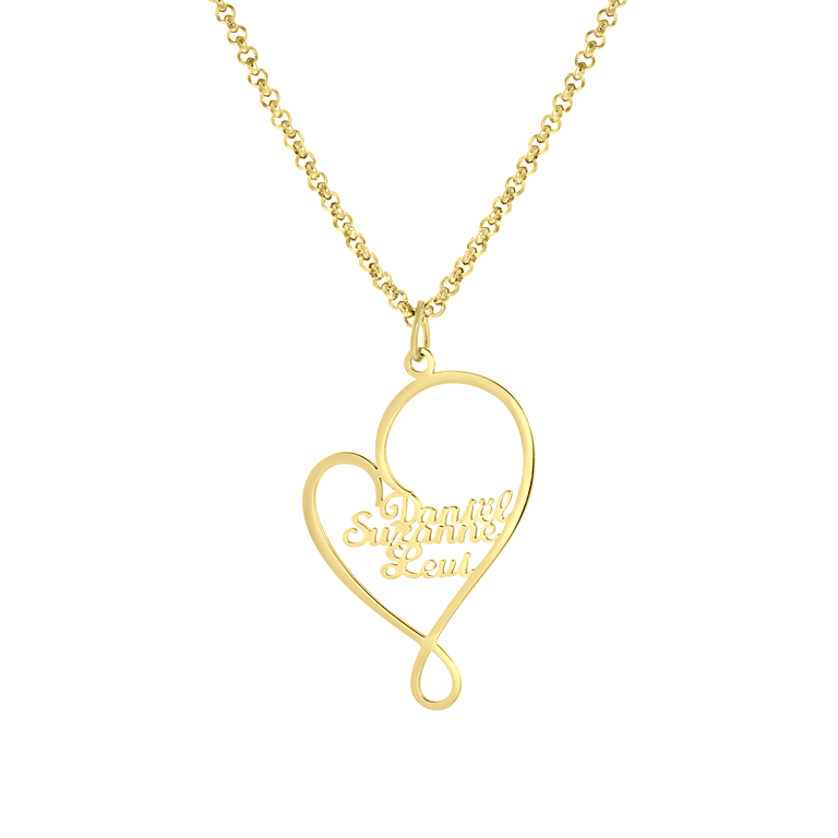 Stalen goldplated naamketting hart met 3 namen voor dames