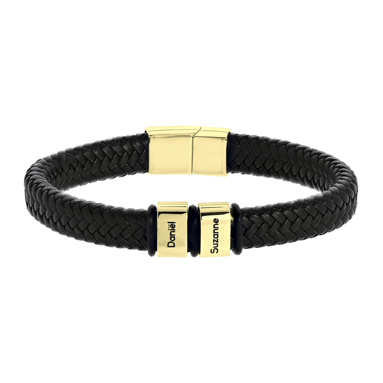 Stainless steel herenarmband goldplated kunstleer 2namen