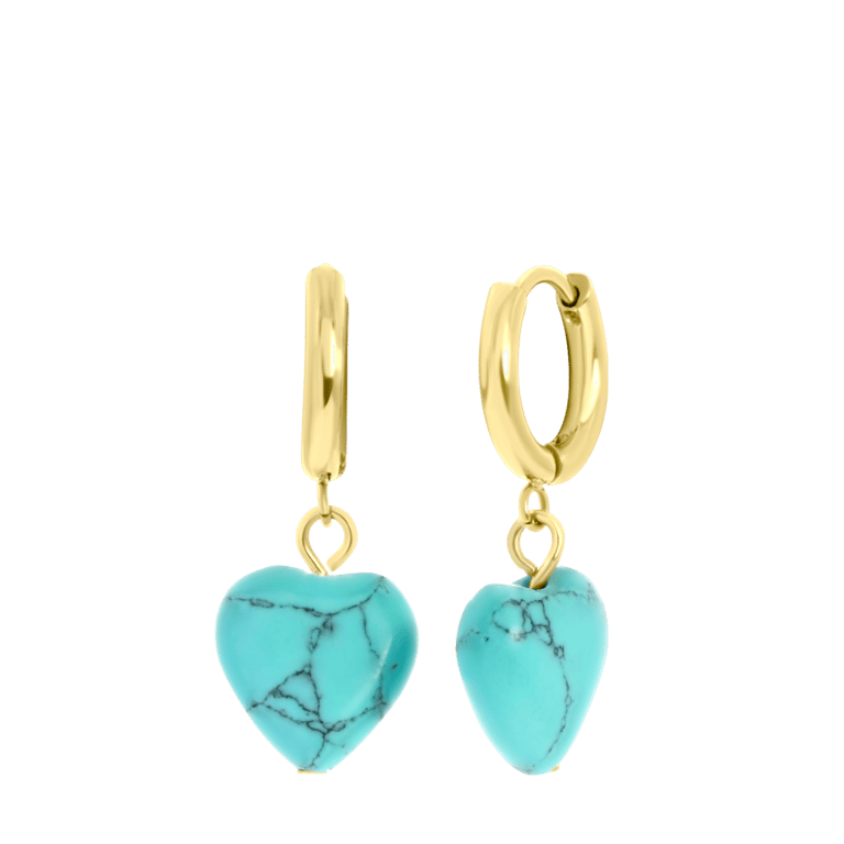 Stalen goldplated oorringen met hanger hart met turquoise voor dames