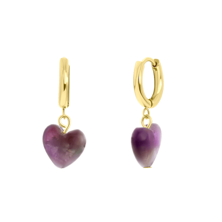 Stalen goldplated oorbellen met hartje amethyst