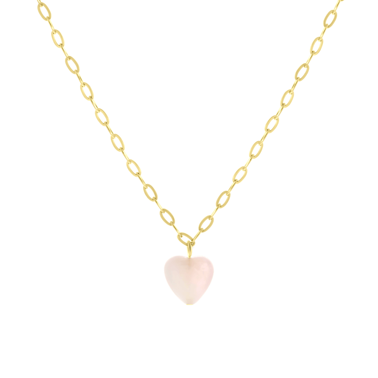 Stalen goldplated ketting met hanger hart met rozenkwarts voor dames