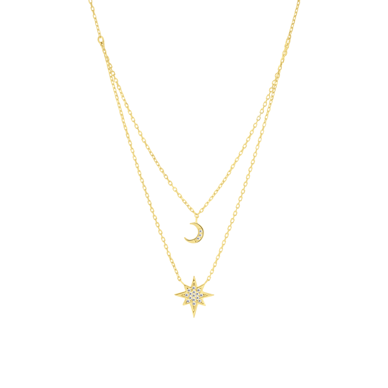 Zilveren goldplated dubbele ketting met hanger ster met zirkonia voor dames