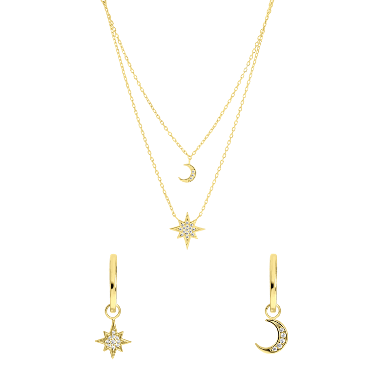 Zilveren goldplated sieradenset voor dames met maan en ster met zirkonia