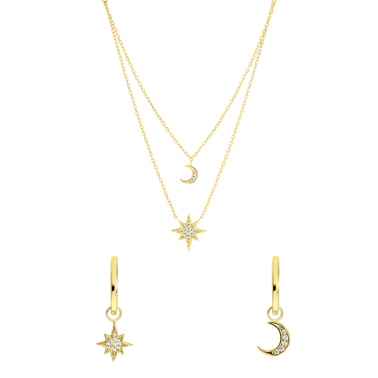 Zilveren set goldplated maan/ster met zirkonia