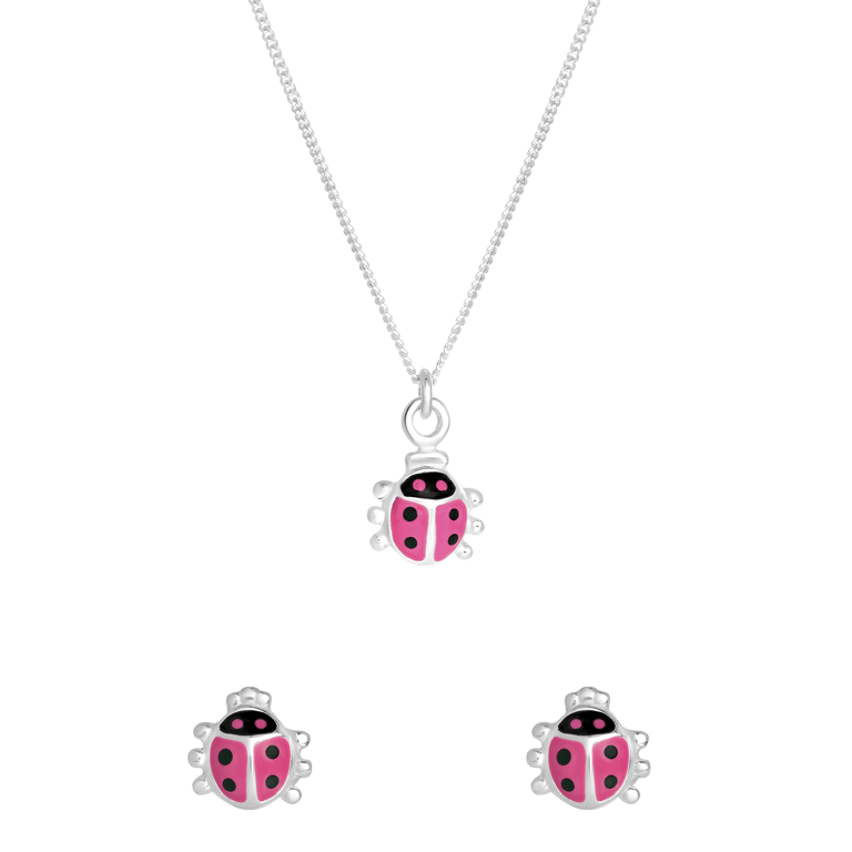 Zilveren set ketting en oorknoppen kever pink