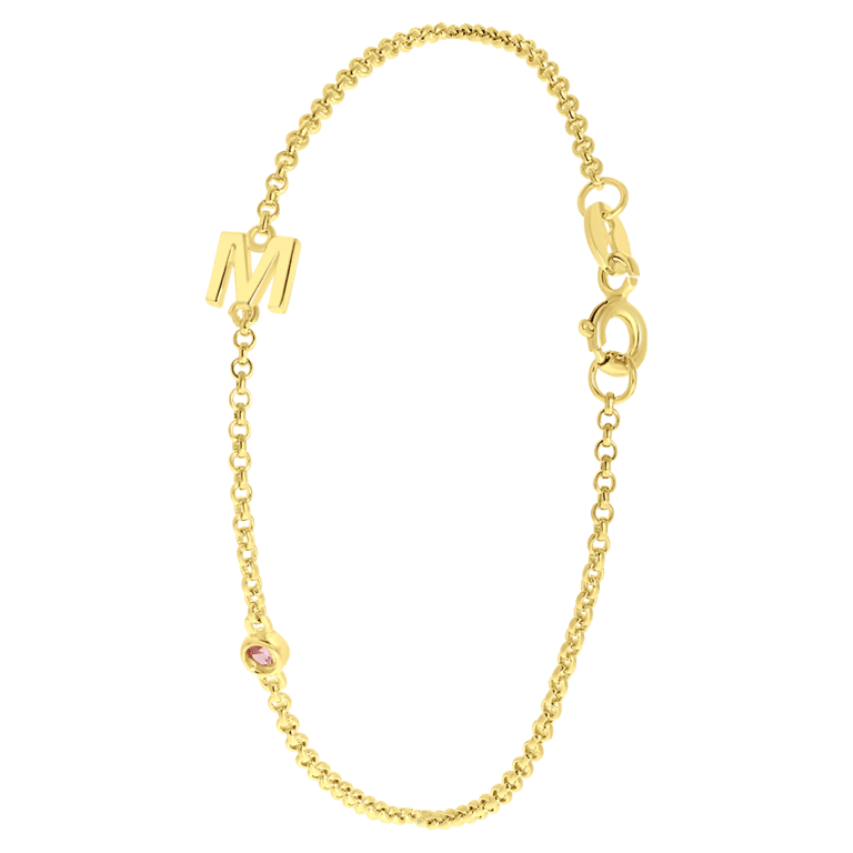 Zilveren goldplated fantasiearmband met geboortesteen en letter voor dames