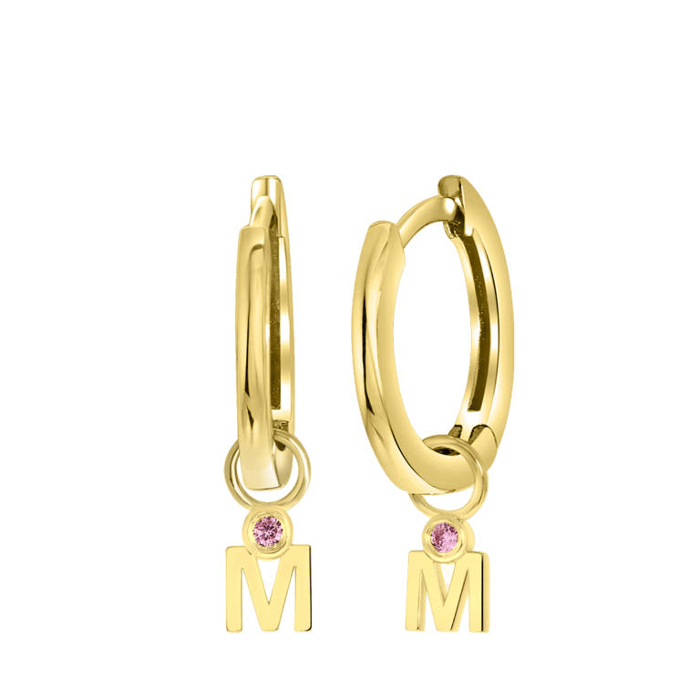 Zilveren goldplated oorringen met geboortesteen en letterhanger voor dames