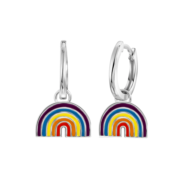 Zilveren oorringen met hanger enamel regenboog K3