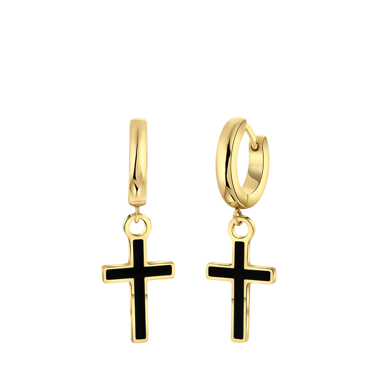 Stalen goldplated herenoorringen met hanger kruis
