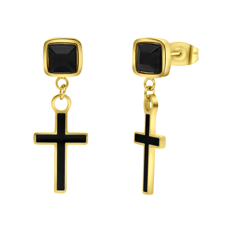 Gerecycleerd stalen goldplated heren oorknoppen hanger kruis