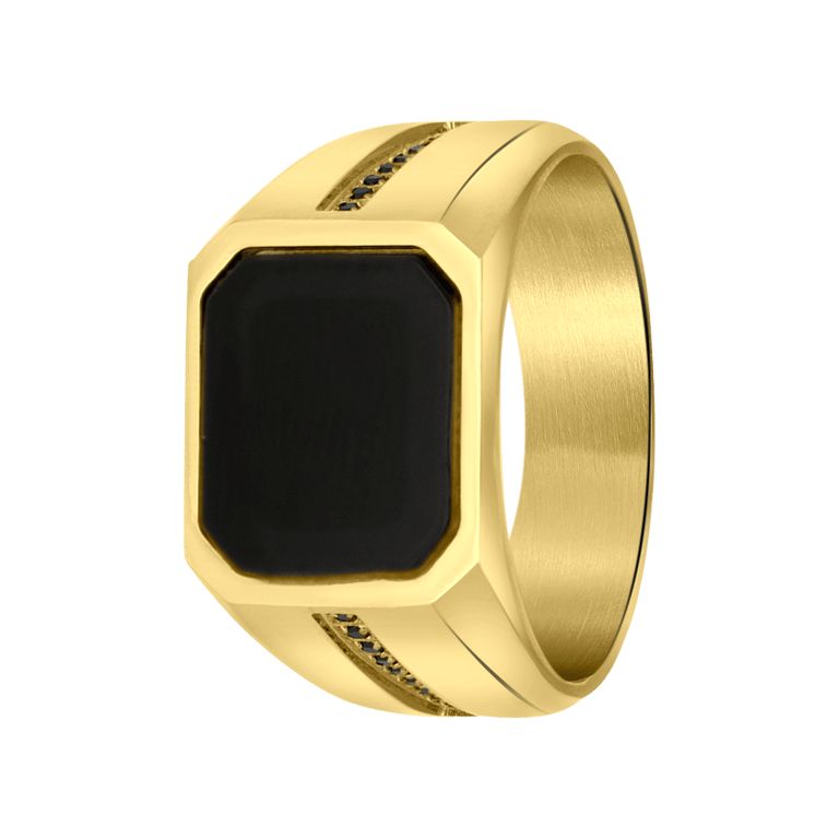 Stalen goldplated herenzegelring met zirkonia