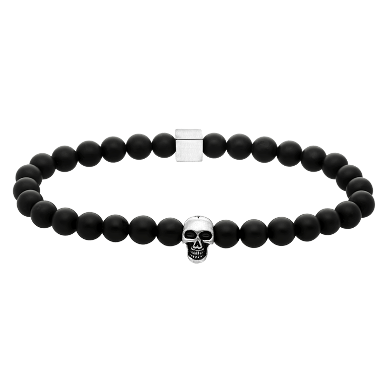 Gerecycleerd stainless steel herenarmband black agate doodshoofd