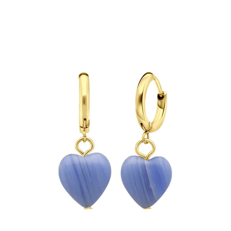 Stalen goldplated oorbellen met hart blauwe agaat