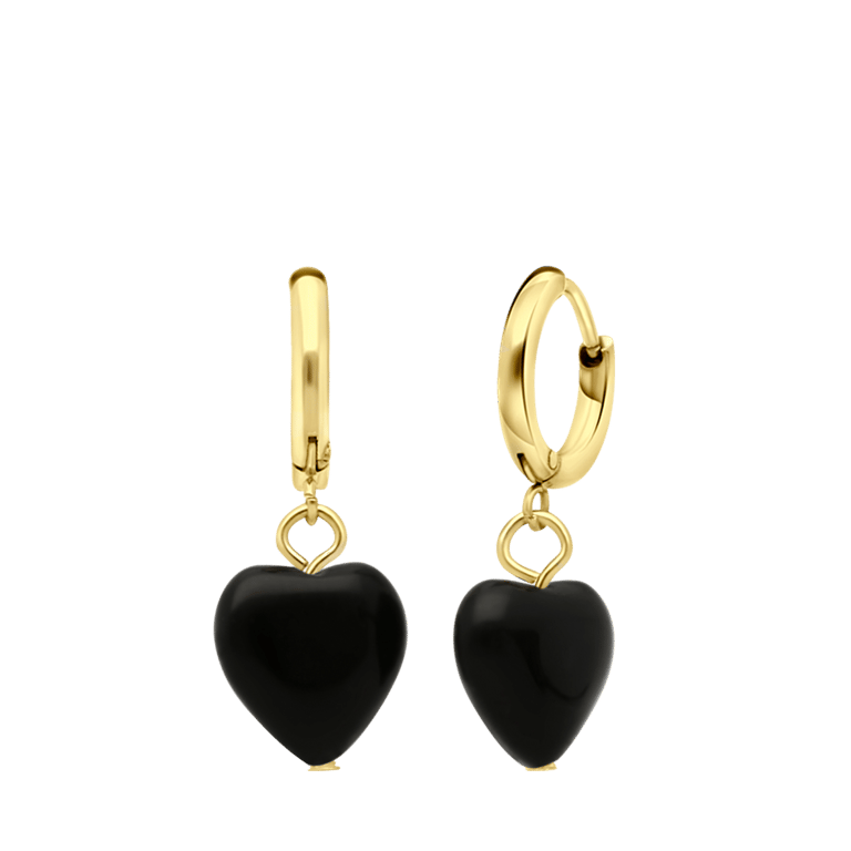 Stainless steel goldplated oorringen met hanger hart met obsidiaan voor dames