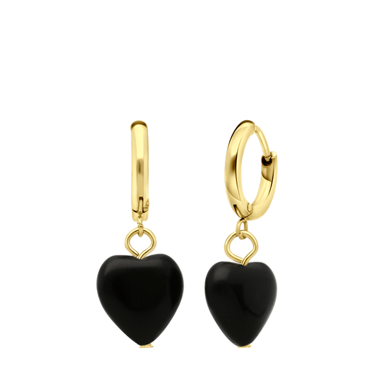 Stalen goldplated oorbellen met hart obsidiaan