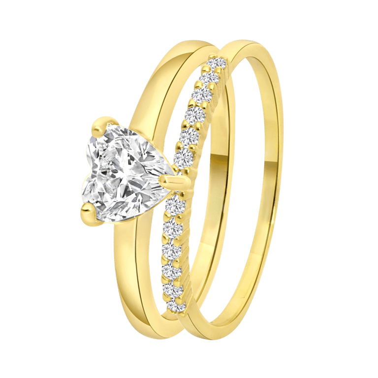 Zilveren dubbele ring met zirkonia hart
