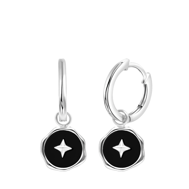 Zilveren oorringen met hanger zwart agaat