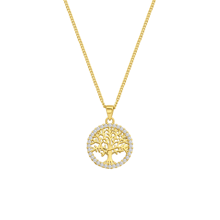 Kette aus 925 Silber vergoldet & Anhänger Lebensbaum mit Zirkonia