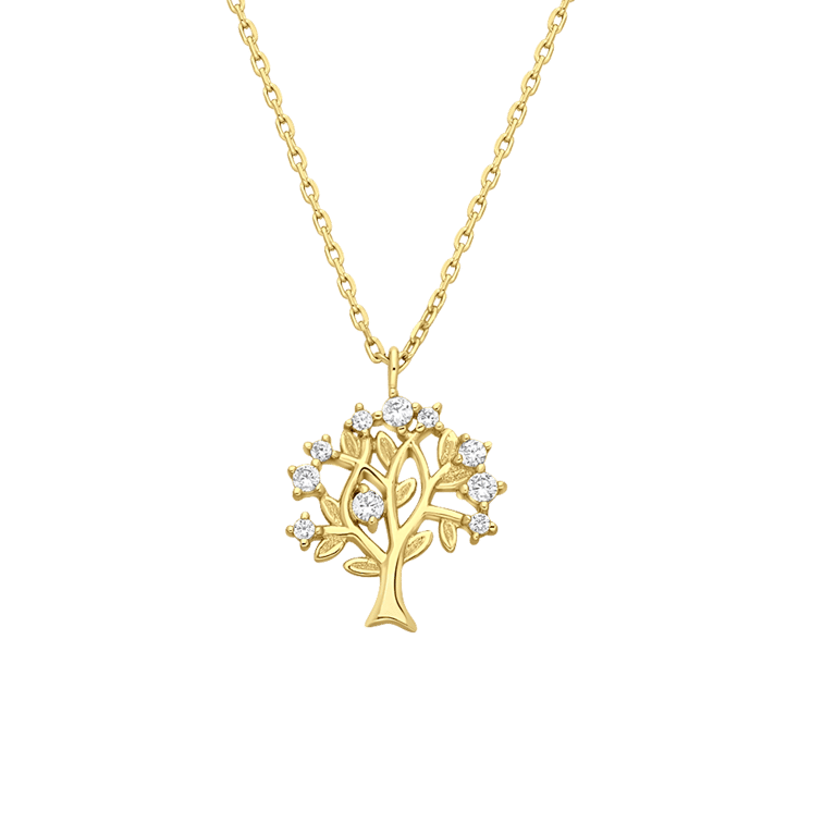 Zilveren goldplated ketting met hanger levensboom met zirkonia voor dames