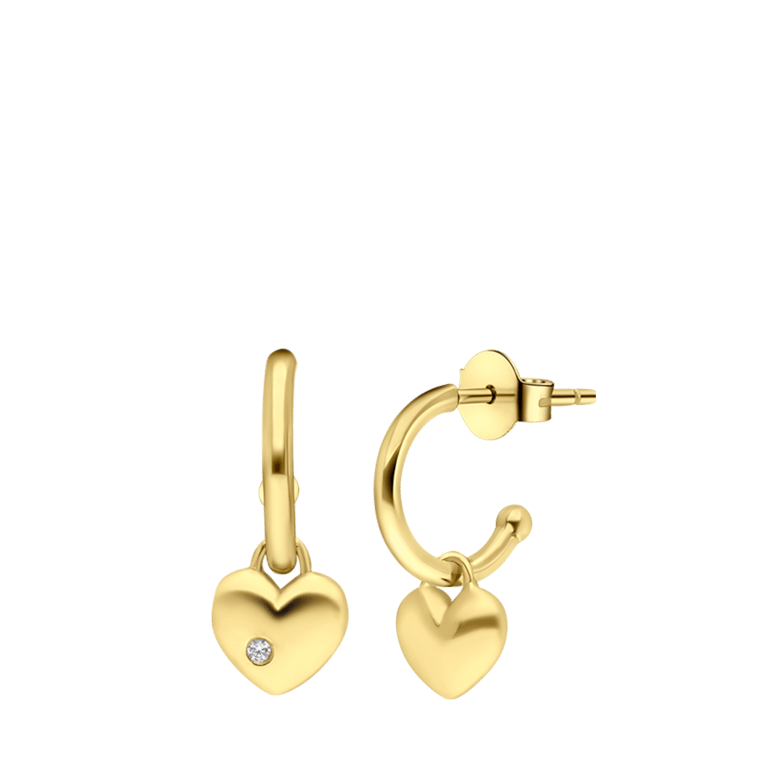 Zilveren goldplated oorbellen hart met zirkonia