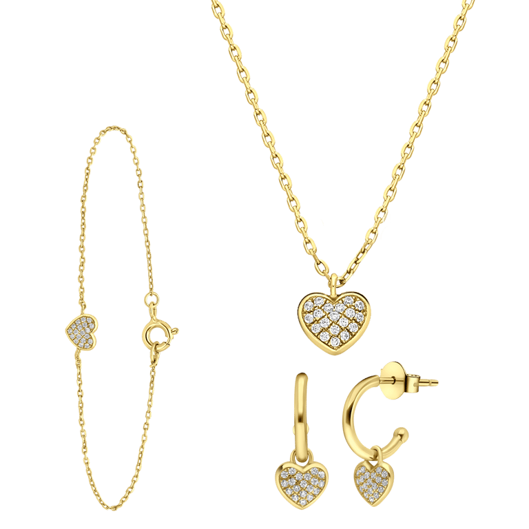 Zilveren goldplated set hart met zirkonia