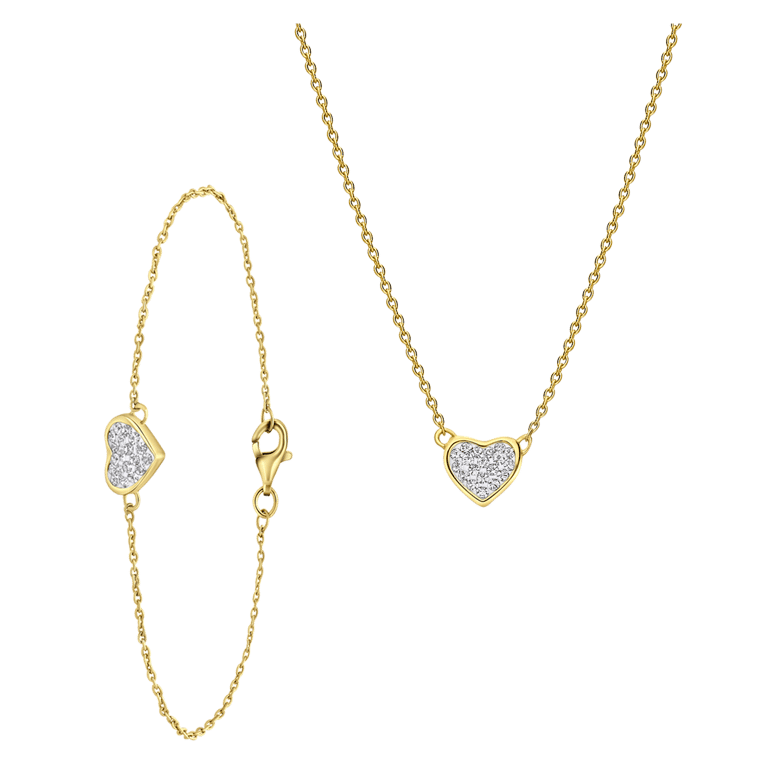 Zilveren goldplated set hart met kristal